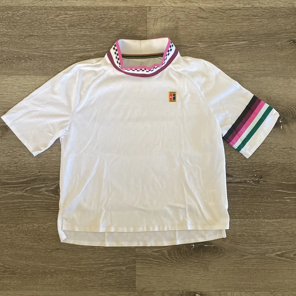 Nike White Short Sleeve Tee with Pink, Black & Teal Stripe Details
